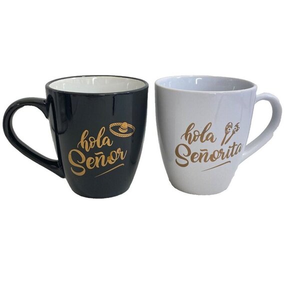 hola Senor & hola Senorita Coffee Mugs Cups Set of 2 Black White - Picture 1 of 13